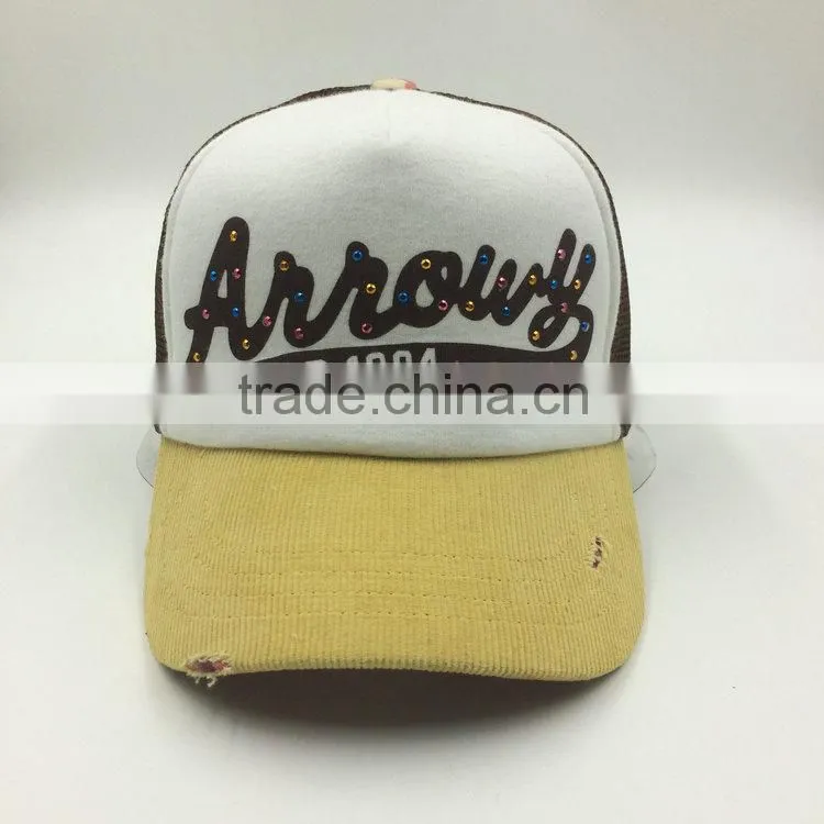 High quality Fashion hot fix stone corduroy 5 panel cap