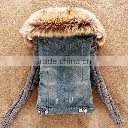 Winter Women Jeans Coat Fleece Denim hoodies Jacket Slim Fur Collar Coat Outerwear