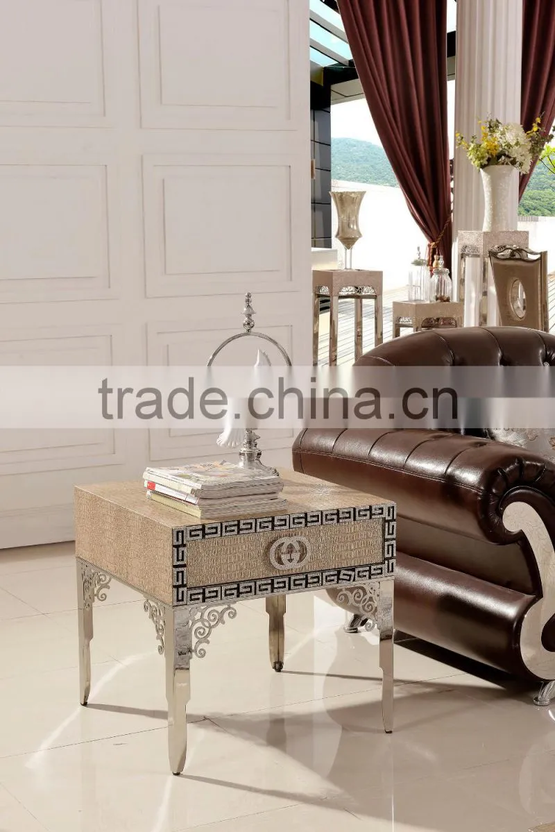 D379 Hot Sale Stainless Steel Leather Wooden Side Table