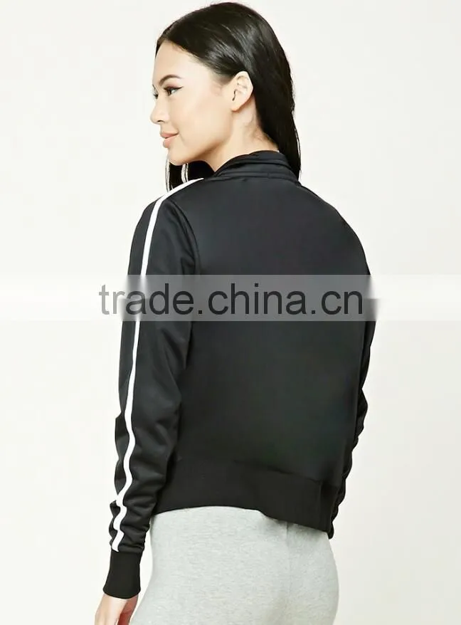 Wholesale Track Jackets Mock Neck Long Sleeve Contrast Stripe Ribbed Trim Running Sports Varsity Jacket Black Varsity Jacket