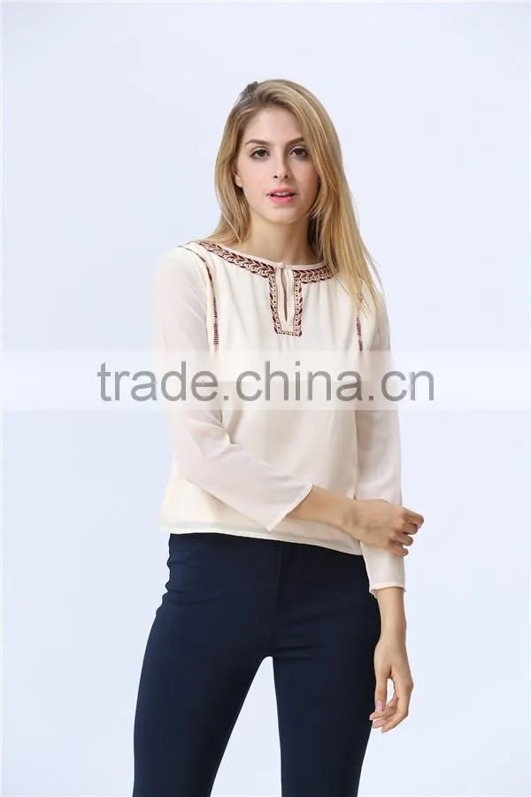 Latest top fashion design casual lady embroidery blouse