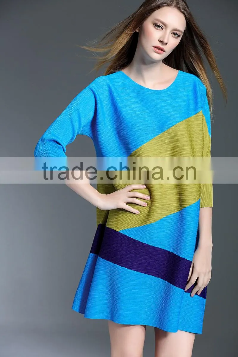 Female patchwork contrast color crinkle spring A-line dresses