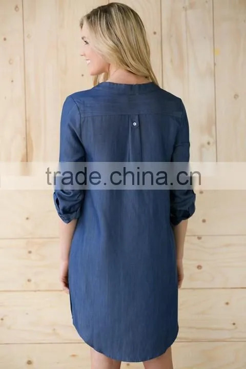 Fashion denim tops women dress with pure color long sleeve cowboy dress for women 2017