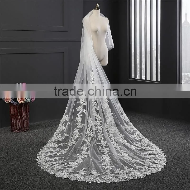 2017 wholesale new grance long lace bridal wedding veil Fashionable long Tulle HL14