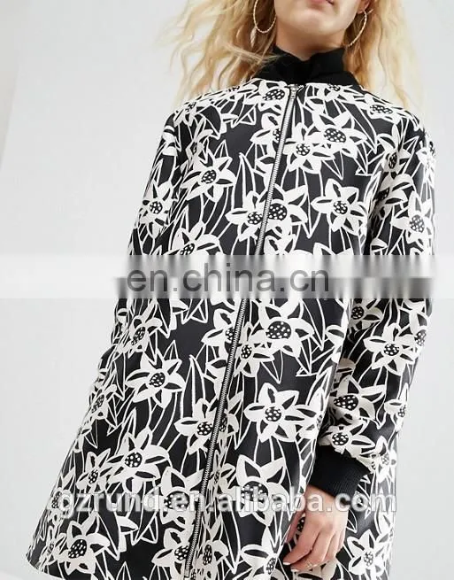 China Supplier Wholesale OEM ODM New Fashion Lady Winter Coat, Black and White Print Floral Satin A- Line Coat With Rib Detail
