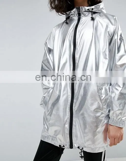 Wholesale classic outside women nylon custom plain sliver metallic long jacket