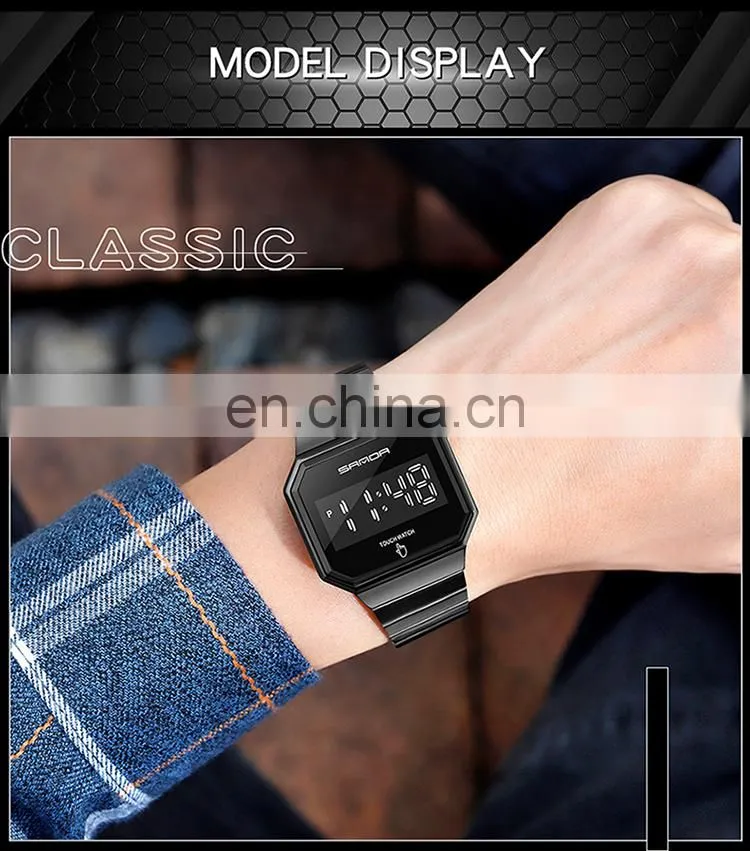 Sanda 8001 Luxury Touch Screen LED Wristwatch for Men Luminous Waterproof Steel Digital Watches