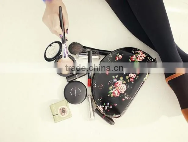 Black pringting flower PU cosmetic bag with interior zipper pocket