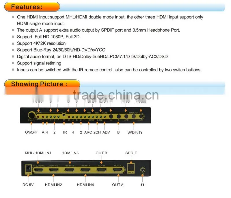 1.4v 4k*2k HDMI matrix 4x2 with with Toslink Audio Output
