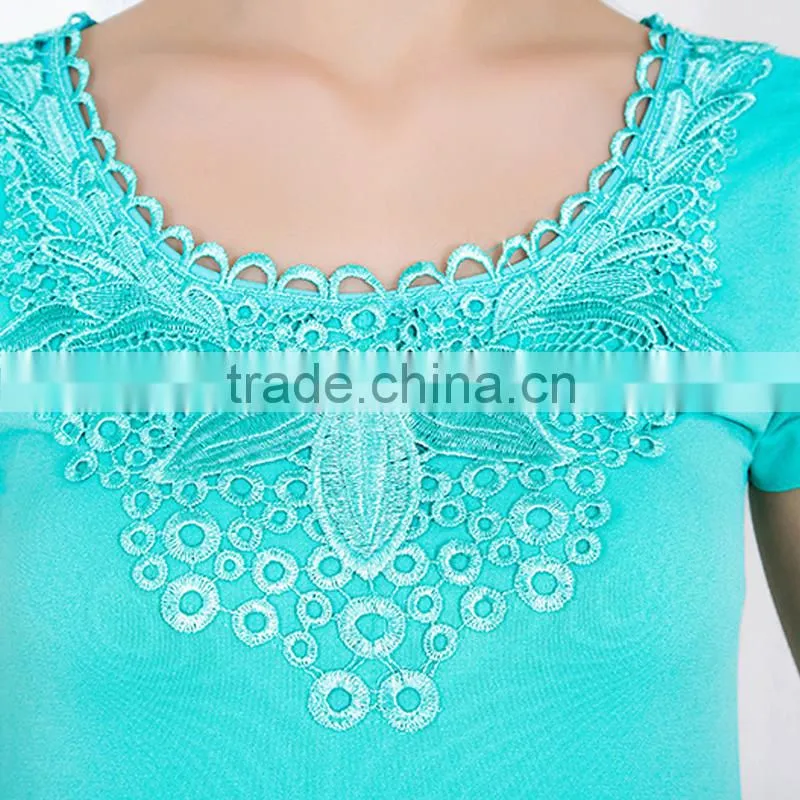 2015 Girls Seamless Fashion Short Sleeves with lace on front neck