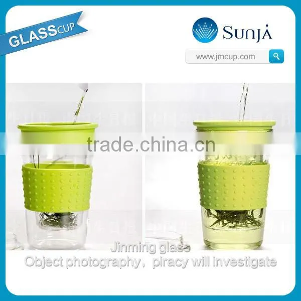 colorful heat preservation double wall glass cup with silicone lid