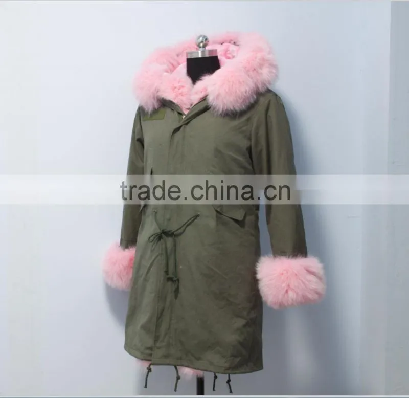 Women outwear military parka jacket with real fox fur hood trim made in China