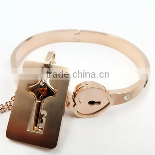 Fashion Rose gold bracelet and black leather stainless steel bangle