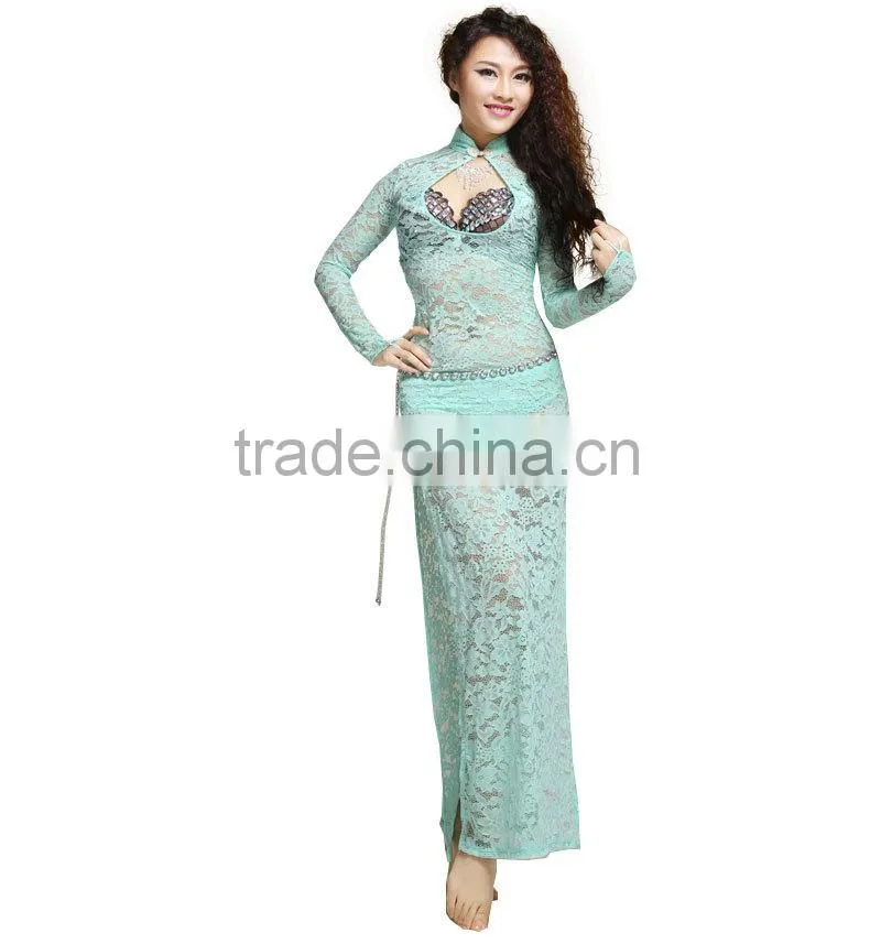 Wuchieal High Elastic Lace Belly Dance Practice Dress Bellydancing Costume with Long Sleeves