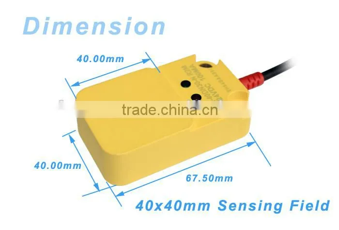 F3Q series 40*40mm, 30mm Long Sensing Range Top Sensing Inductive Proximity Sensor, With Red Protected Tube.