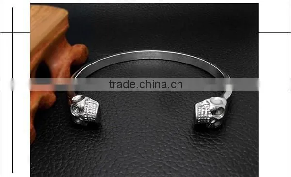C shape antique silver vintage engraved wire skull head stainless steel bangles