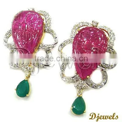 Emerald Diamond Earrings, Diamond Gold Earrings, Gold Jewelry