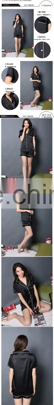 Short Sleeves Nightgown Solid Black Silk Pajamas Sets For Women