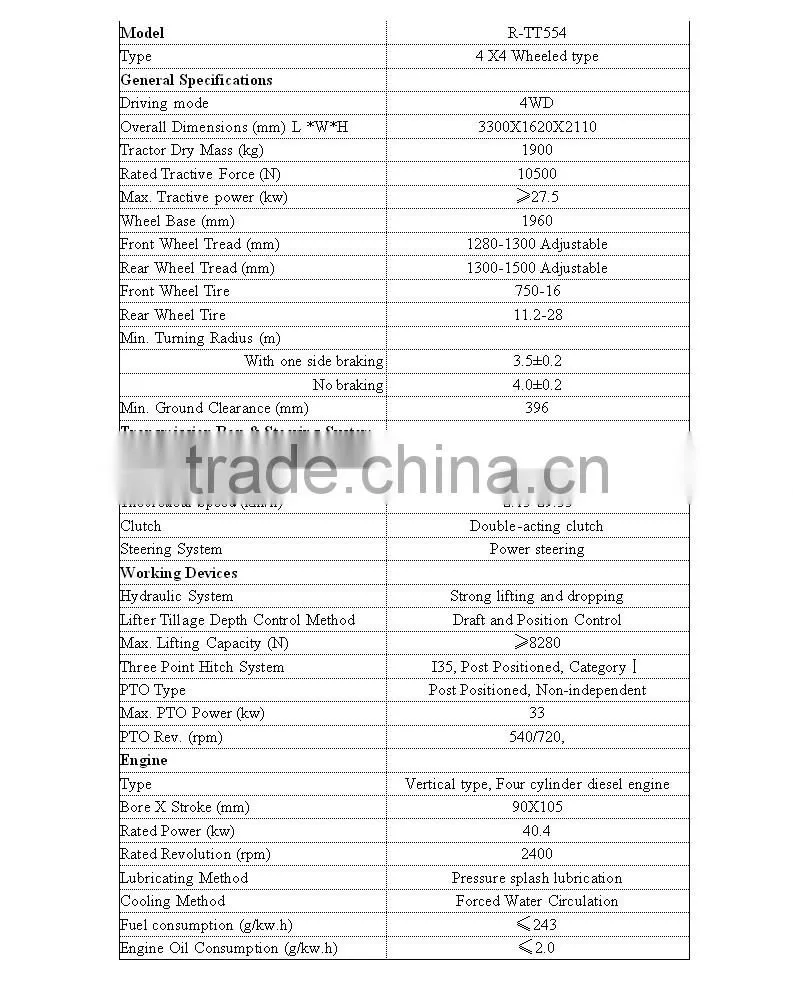 540 and 720 PTO Speed Diesel Engine 4WD 55HP tractor with stronger hydraulic system made in China