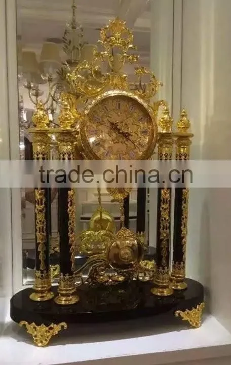 Beautiful Gilded Bronze French Bell Pendulum Desk Clock, Black Marble Desk Clock