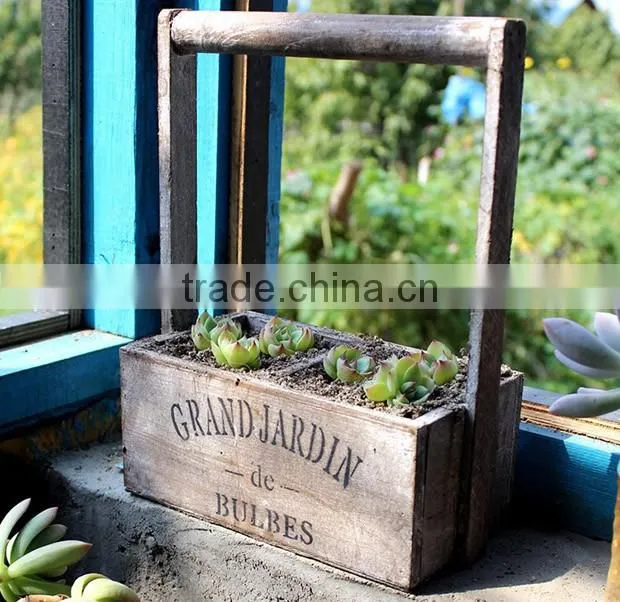 Garden decorative rectangular wood flower planter with handle