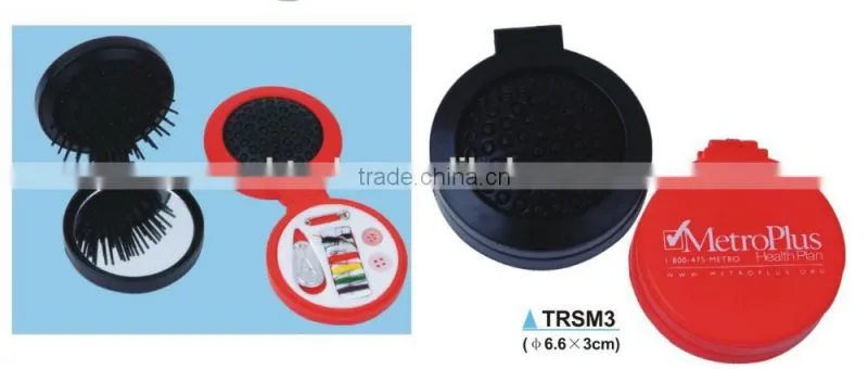 Foldable mirror with sewing kit and comb/travel sewing kit with mirror and hair brush