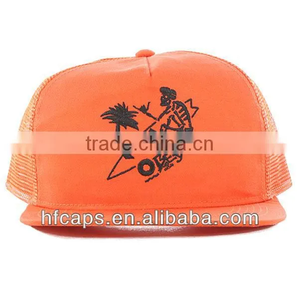 Spring orange custom enbroidery 5 panel trucker mesh cap and hat
