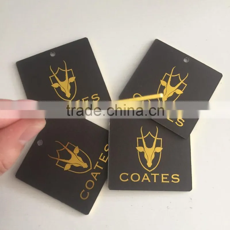 2017 custom high quality black cardboard paper hang tags with gold stamping logo