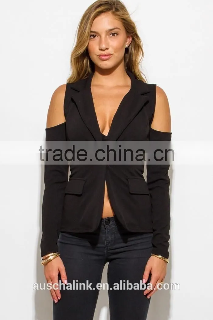 custom black long sleeve cold shoulder cut out sexy blazer