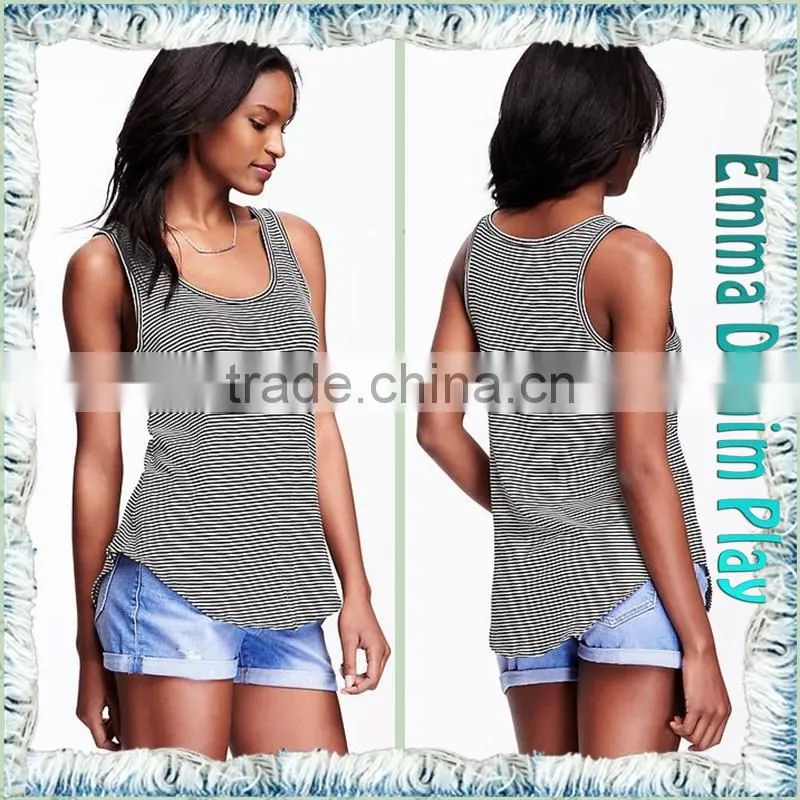 Tops Suppliers China High Quality Womens Deep Round Neck Stripe Long Tank T Shirts