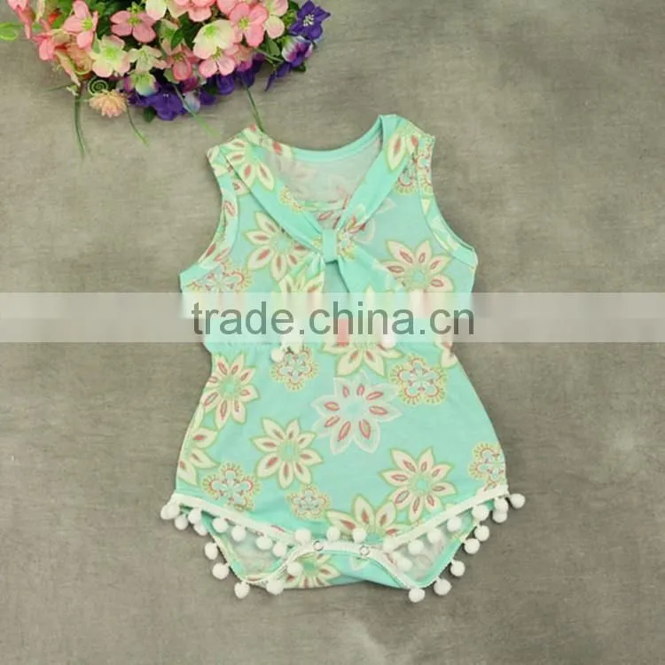 Baby Girls' Cotton Sleeveless Full Flower Print Pom Pom Romper