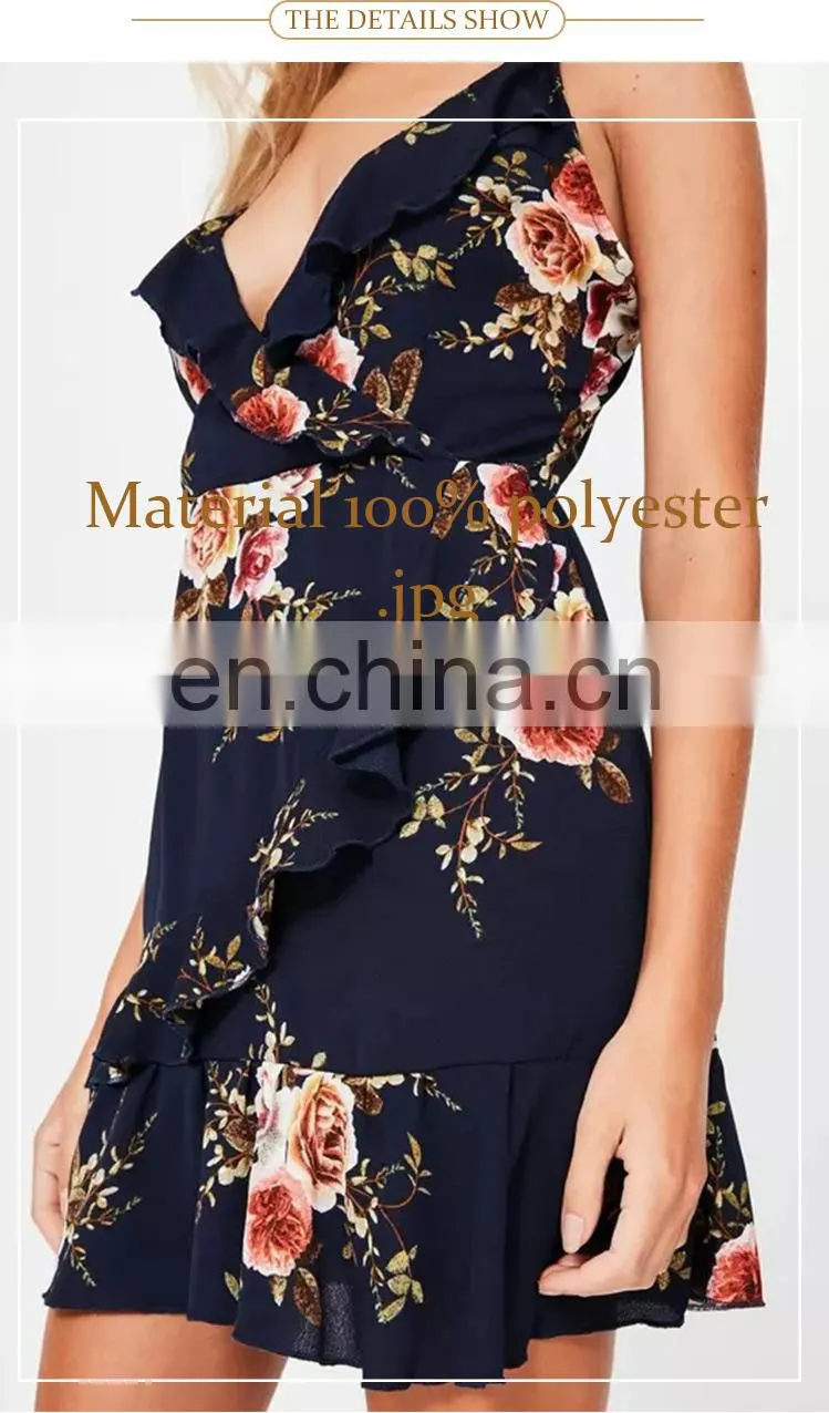navy strappy printed flounce Backless mini lady wrap dress