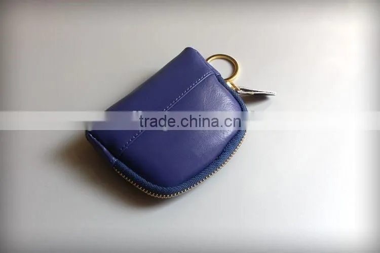 Colorful Genuine Waxy Leather Ladies Zipper Coin Purse Change Bag with keyring