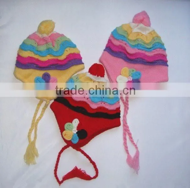 Custom Acrylic Children Knitted Winter Beanie with Flower Pattern/Wholesale Child Beanie Hat
