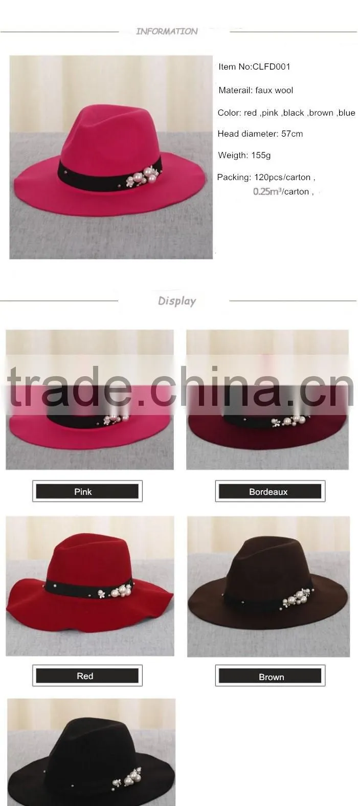 Custom Female Fedora Hat Ribbon beads imitation wool Hat Wide-brimmed For autumn Winter