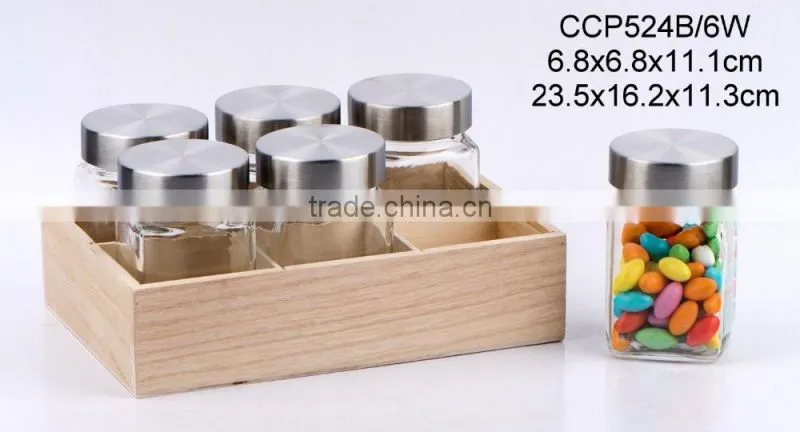 Glass jar for liquid soap with wooden box (CCP846T/6W)