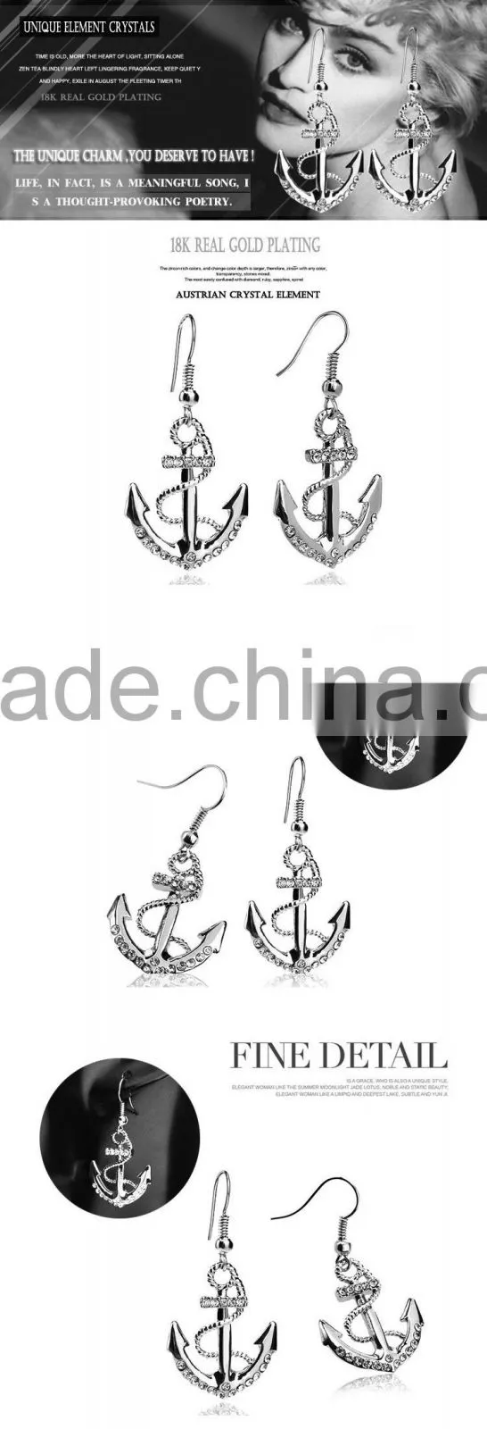 Long Earings 18k White Gold Plated Silver Color Austrian Crystal Rhinestone Dangle Anchor Earring