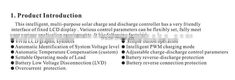 Solar charge controller 20A with LCD display and technical data can be set