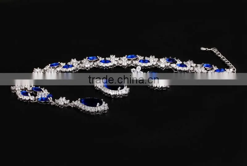 Top Design CZ Jewelry Blue Sapphire Necklace Sets 2015 Wholesale Wedding Bride Jewelry