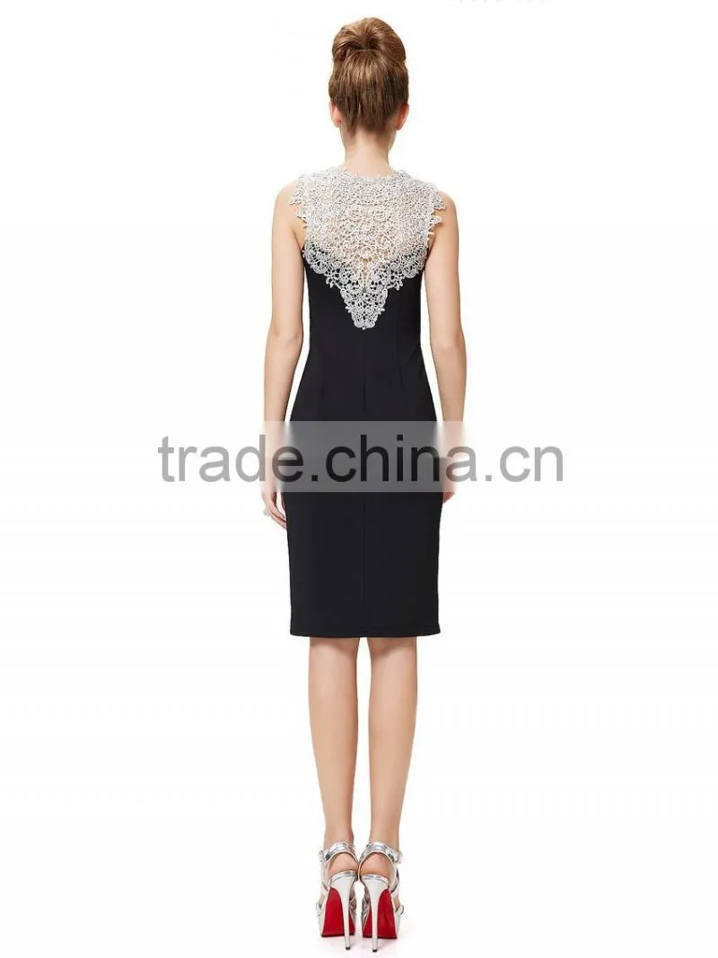 New arrival Women evening wear sleeveless navy blue bodycon dress with lace trims