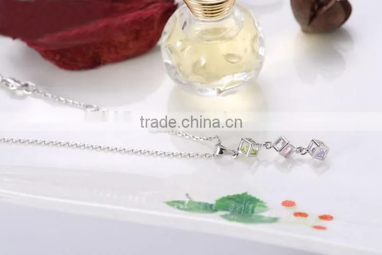 Alibaba Website China 925 Sterling Silver Tricolor CZ Cube Pendant Necklace