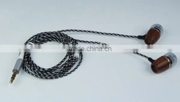 Most top quality wooden earphone and black braid cable earphone