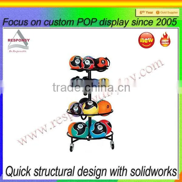 custom round shape 4 tier ball floor display stand with wheel