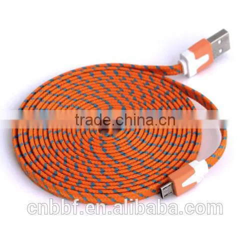 MICRO USB woven flat noodle Fabric Braided Data Sync Charge Cable for galaxy s3 s4