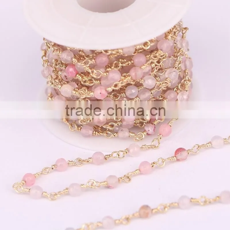 Natural Rose Quartz Agate Rosary Style Beaded Chain, Gold Plated Wire Wrapped Beaded Chain Rosary Chain Faceted Beads