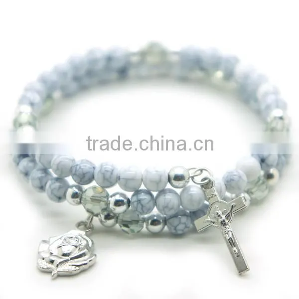 6mm arcylic beads steel wire bracelet with cross and alloy rose,5mm silver plastic beads ,high quality catholic bracelet