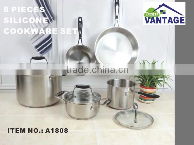 modern kitchen cabinet designs 8pcs stainless steel cookware set with silicon handle including milk pot