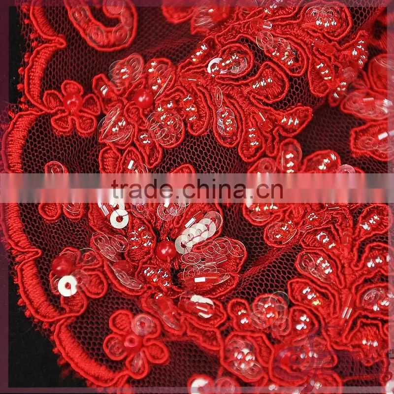 Red floral tulle embroidery with cord lace,sparkle beaded sequin lace fabric for wedding