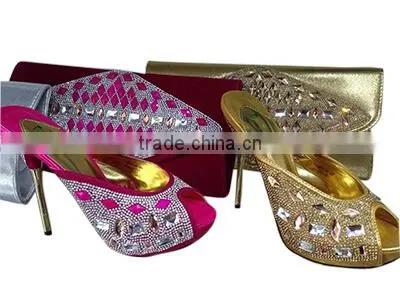 Italian silver crystal high heel shoe/ladies long heel shoes/italian ladies shoes and matching bags MG005