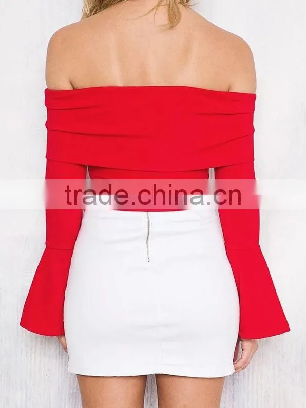 Runwaylover EY2337B 2017 Women Flare Sleeve Fashion Off-Shoulder Knitted Blouse